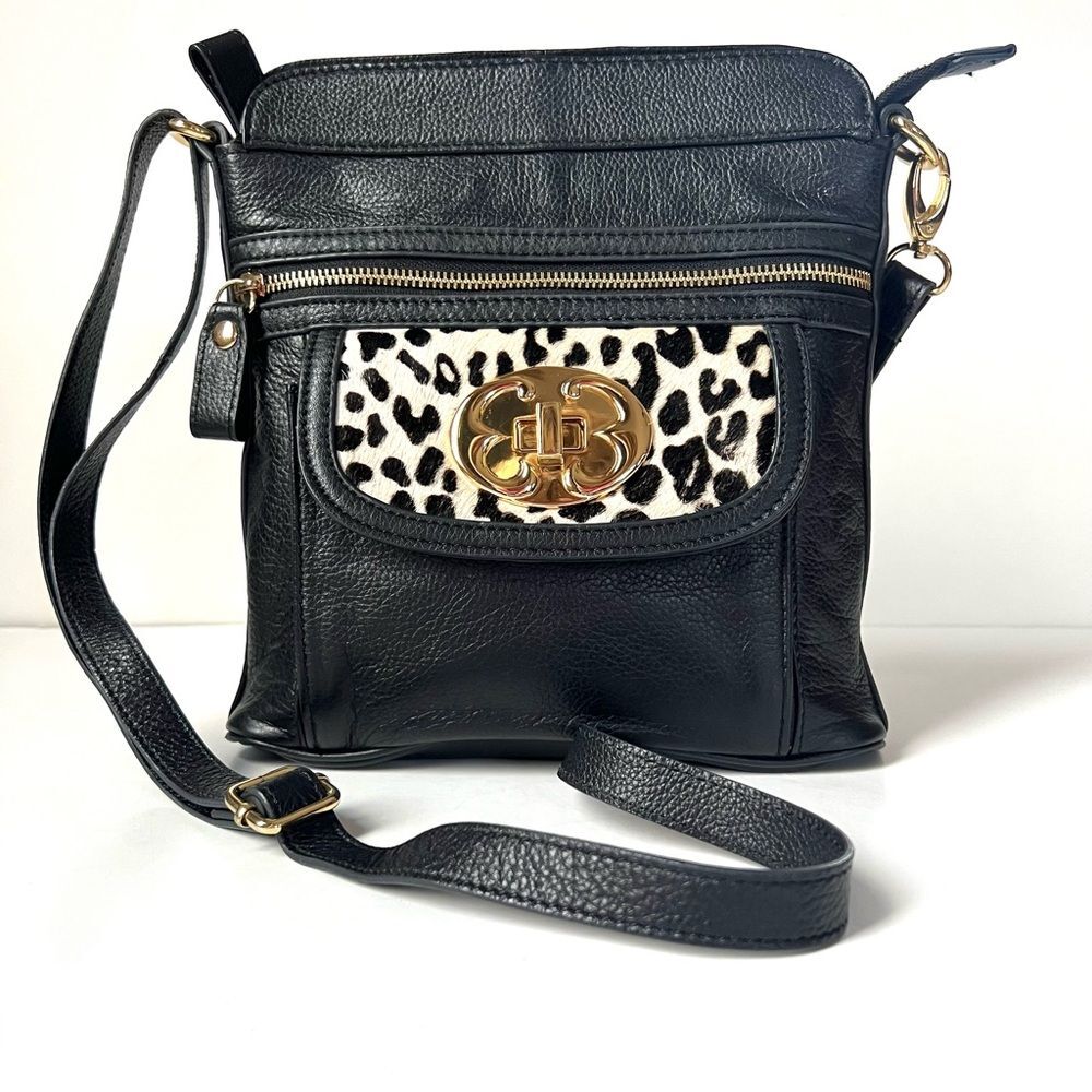 Emma Fox Black Leather Crossbody Bag with Leopard Accent and Gold Hardware